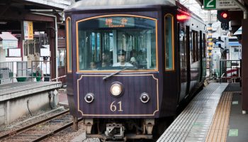 A train of the Enoshima Electric Railway (or Enoden) arriving at Enoshima Station.
