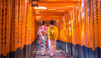 Kyoto, Japan - December 13, 2014: Two geishas walking through orange gates called torii at the Fushimi Inari Shrine (Kyoto, Japan - December 13, 2014: Two geishas walking through orange gates called torii at the Fushimi Inari Shrine, ASCII, 116 compon