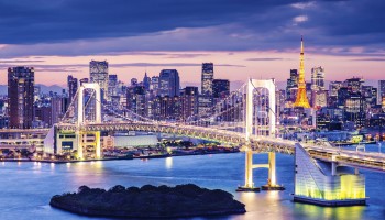 View of Rainbow Bridge and Minato, from Odaiba in Tokyo