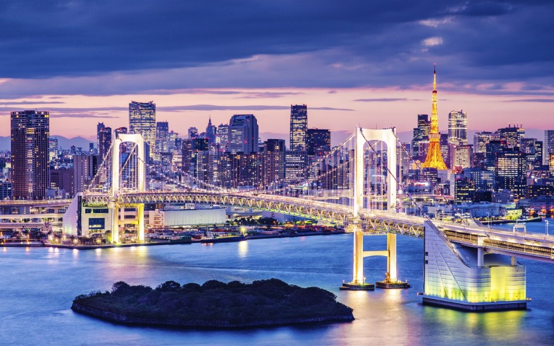 View of Rainbow Bridge and Minato, from Odaiba in Tokyo