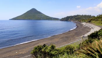 Beach and view of mount Kaimon in Kagoshima, Japan