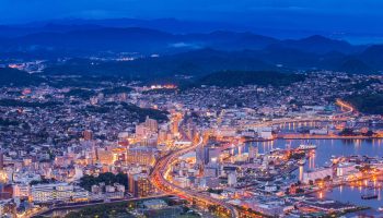 Sasebo downtown skyline at night, Nagasaki, Japan.