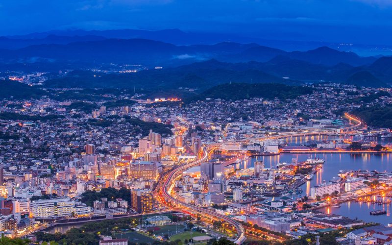 Sasebo downtown skyline at night, Nagasaki, Japan.
