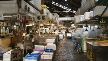 Tokyo, Japan - June 4, 2015: Retailers busy selling and packing seafood in Tsukiji market. It is the largest fish market in Japan.